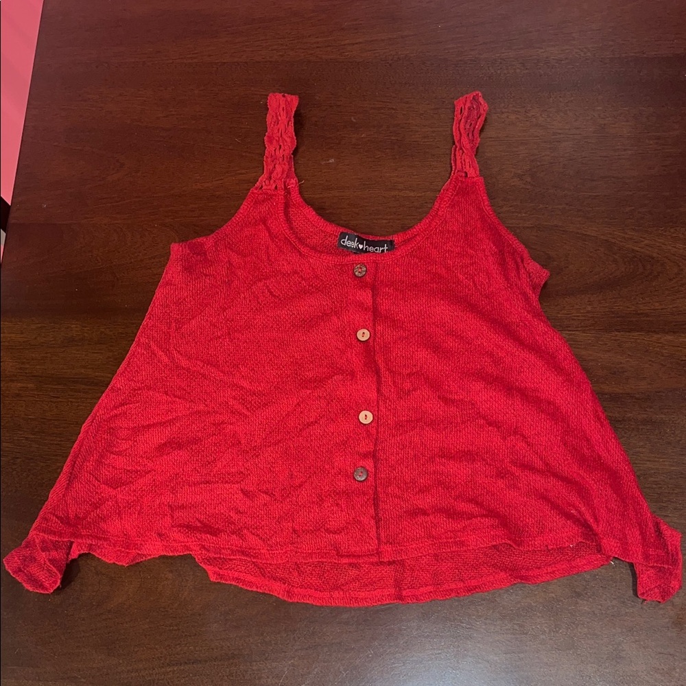 Derek Heart Bright Red Lace-Trim Button Tank